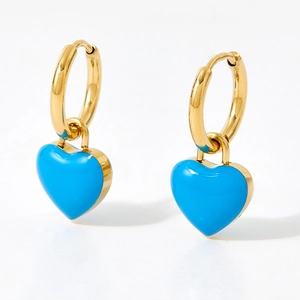 Golden hoop earrings with sky blue heart charms in double-sided oil-drop finish