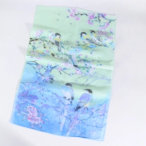 Green gradient chiffon scarf with traditional Chinese floral and bird plum blossom print