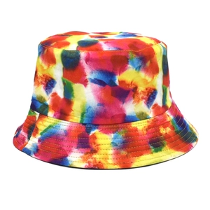 Close-up of vibrant tie-dye bucket hat featuring reinforced stitching on the brim