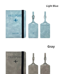 Close-up of light blue and grey PU leather passport holders and luggage tags set