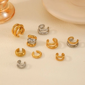 Three-layer 18k gold and silver titanium steel ear cuffs in a stylish minimalist design