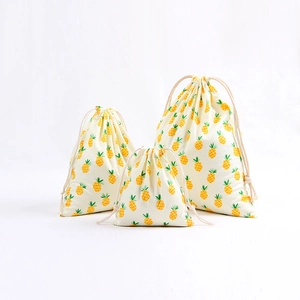 Drawstring Storage Pouch Cotton Cloth Cartoon Duck Fruit Print Portable Travel Organizer Gift Packaging Bag
