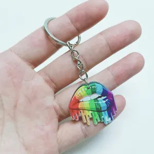 Rainbow acrylic dripping lip keychain with silver metal ring for colorful accessories
