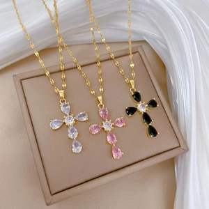 Gold Plated Cross Pendant Necklace Stainless Steel Chain Copper Cubic Zirconia Inlaid Elegant Religious Jewelry For Women