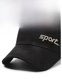 Close-up of black camo baseball cap featuring white sports embroidery and textured knit fabric
