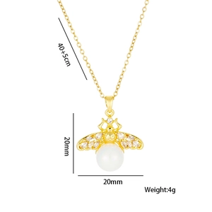 Golden bee pearl necklace for women with crystal wings and detailed size measurements