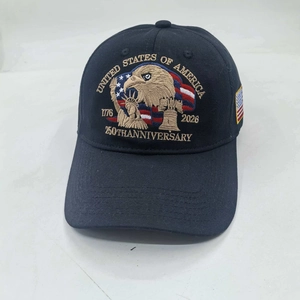 Detailed embroidery of US 250th anniversary logo with eagle on black cotton baseball cap