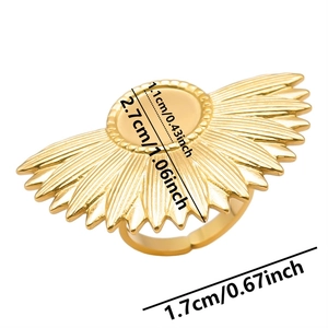 Detail view of gold sunflower ring with dimensions 1.1cm face and adjustable 1.7cm band size