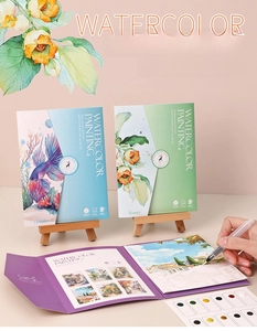 Detail of a foldable watercolor set with a portable brush and a 12-color paint palette