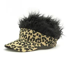Detail of creative visor wig hat with spiky black hair and leopard print brim