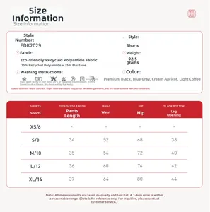 Size chart for recycled nylon sports shorts with detailed measurements and care guide