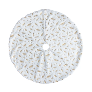 White plush Christmas tree skirt with gold feather print patterns for holiday decor
