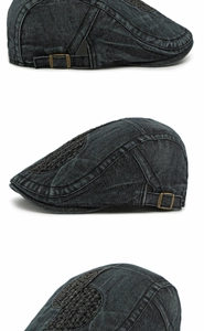 Detail showing vintage washed denim beret with bronze metal buckle and woven texture