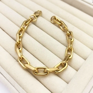 Detail view of a gold-plated stainless steel paperclip chain bracelet in a jewelry tray