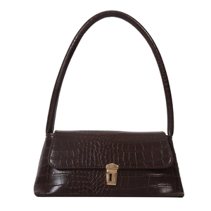 Dark brown faux crocodile leather shoulder bag with gold metal buckle and flap cover