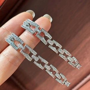 Silver drop earrings with geometric chain links and pavé cubic zirconia gemstones