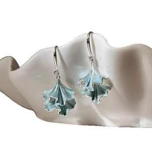 Sparkling zircon ginkgo leaf drop earrings with blue enamel finish for women