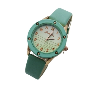Women's quartz watch with mint green leather strap and rose gold wavy gradient dial