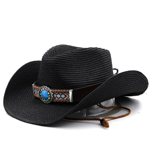 Chapeau de cowboy en paille noire avec bande ethnique et cordon de serrage réglable