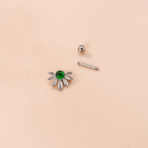 Detailed view of stainless steel screw-back earring with green zircon leaf charm