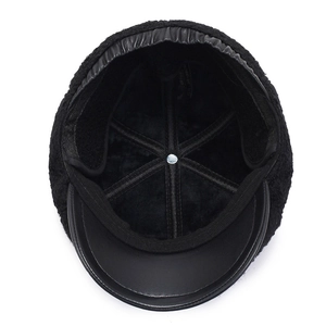 Winter men's black flat cap with thick thermal fleece lining and protective ear flaps