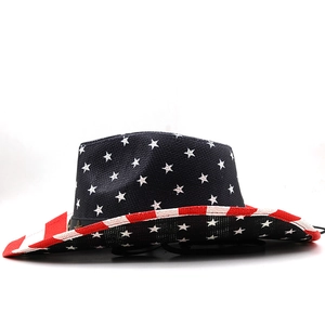 Detail view of woven straw cowboy hat featuring stars and stripes American flag pattern