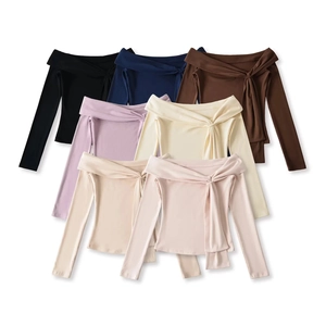 Off-shoulder long sleeve T-shirt with ribbon in seven elegant colors for women