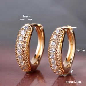 Classic gold hoop earrings for men with micro-set zircons, 14mm diameter and 3mm width