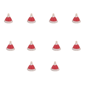 Detail of ten red and white enamel knit hat charms for DIY jewelry and crafts
