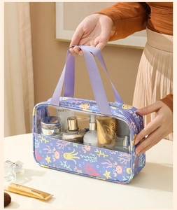 Close-up of purple PVC wash bag with cartoon sea creatures and clear window display