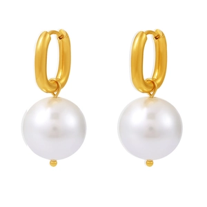 Elegant gold U-shaped stainless steel earrings with large white round pearls