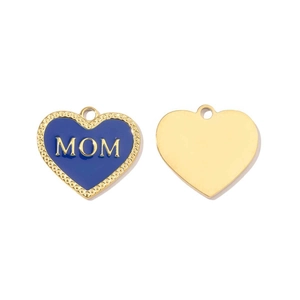 Macro view of gold stainless steel heart pendant with blue enamel and MOM text