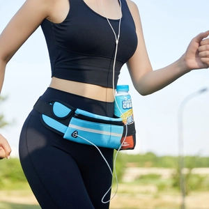 Blue sports running belt with water bottle holder and reflective strip for jogging