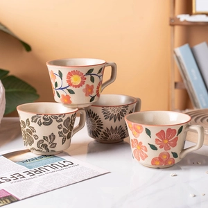 Vintage Hand Painted Floral Ceramic Mug Crackle Glaze Coffee Cup Heat Resistant Breakfast Milk Water Drinkware With Handle