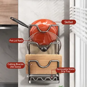 Three-tier wall-mounted pot lid rack and cutting board holder with drainage tray