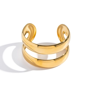 Modern 18K gold plated double layer open cuff bracelet with a mirror finish