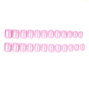 Short square press-on nails with pearlescent pink base and classic white French tips