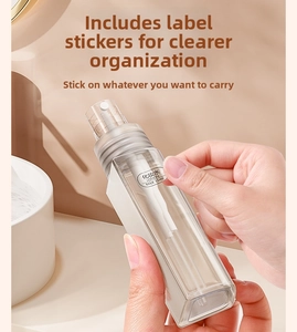 Detail of applying a label to a 35ml transparent rectangular travel spray bottle