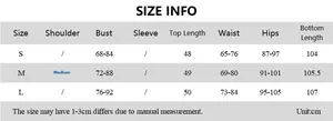 Size chart showing dimensions in cm for halter top and flared pants set from S to L