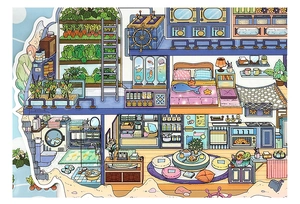 Detail of 2.5D stickers showing a multi-layer miniature dollhouse interior layout