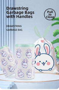 Detail of drawstring trash bag with rabbit print showing the secure closing mechanism
