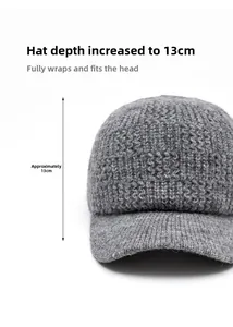 Close-up of grey knit baseball cap showing the 13cm deep fit and cable knit texture