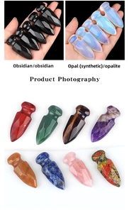 Detailed grid of ten assorted crystal dagger pendants featuring amethyst and tigers eye stones