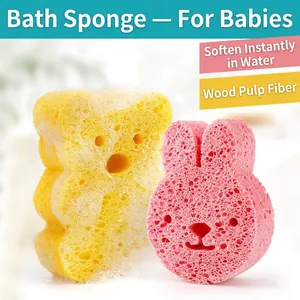 Soft wood pulp baby bath sponge with cute yellow bear and pink rabbit cartoon designs