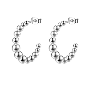 Silver stainless steel C-shaped hoop earrings with graduated beads on white background