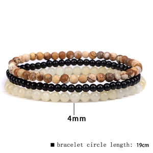 Set of three 4mm natural stone beaded bracelets in brown, black and white tones