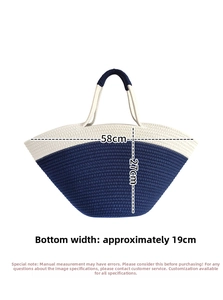 Detailed dimensions of the woven cotton rope beach bag with blue and white contrast design