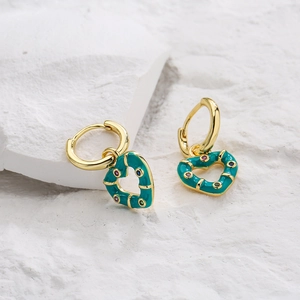 Bohemian gold-plated heart earrings with green enamel and colorful zircon on a stone base
