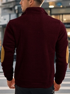 Rear view of burgundy men's outdoor sweatshirt with yellow elbow patches and stand collar