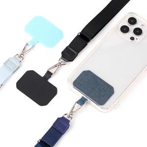 Close-up of adjustable phone lanyards in light blue, black, and navy blue with metal hooks